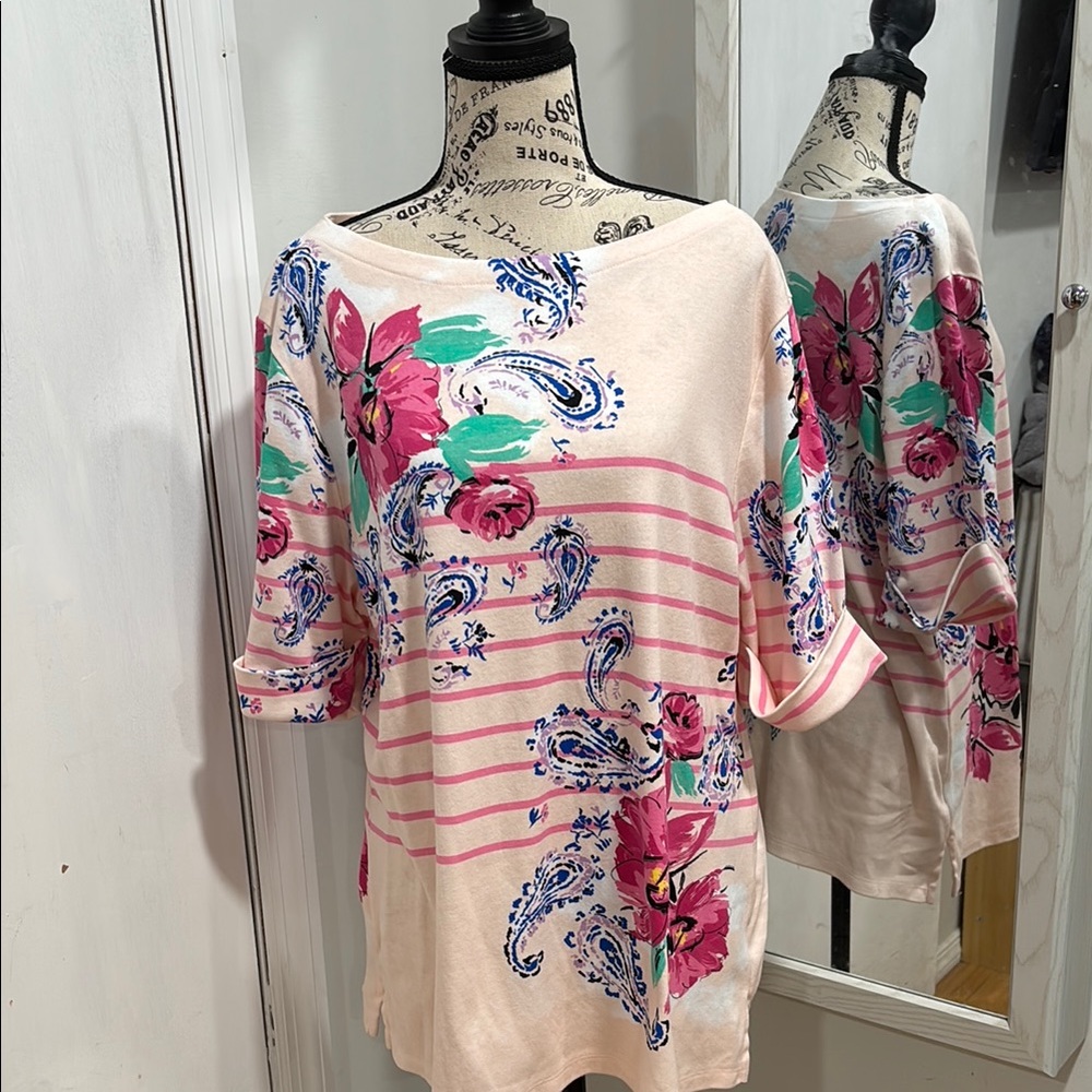 Cottagecore Karen Scott Pink Floral Blouse Scoop Neck and 3/4 Sleeves 2X NWOT